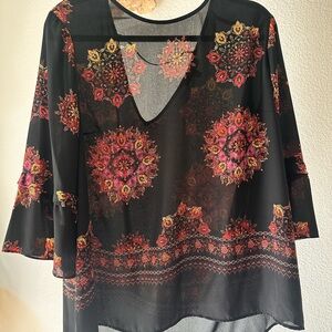 DR2 Black Sheer Medallion Blouse with Pink & Red Accents